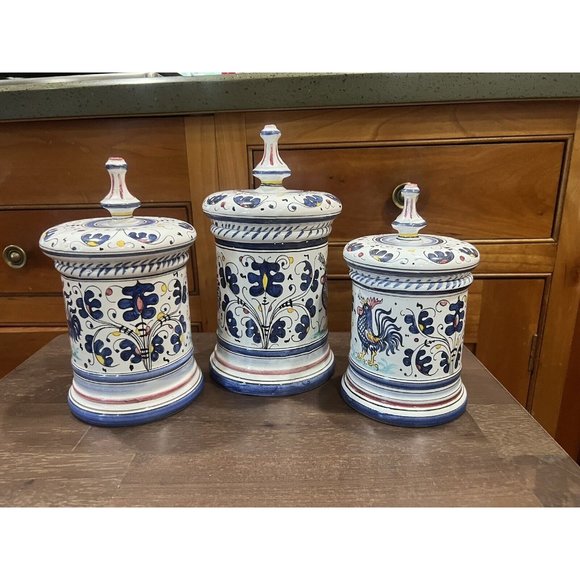 Deruta Orvieto Blue Rooster Canister Set Of 3 Hand painted Pottery W/Lids READ - Picture 2 of 14